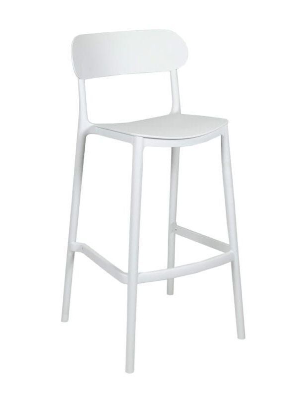 A white bar stool with a white seat and back on a white background.