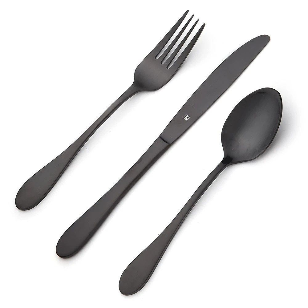 A set of black cutlery on a white background