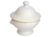 A white bowl with a lid on top of it on a white background.