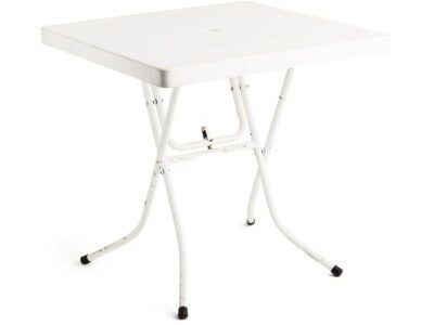 A white folding table with metal legs on a white background.