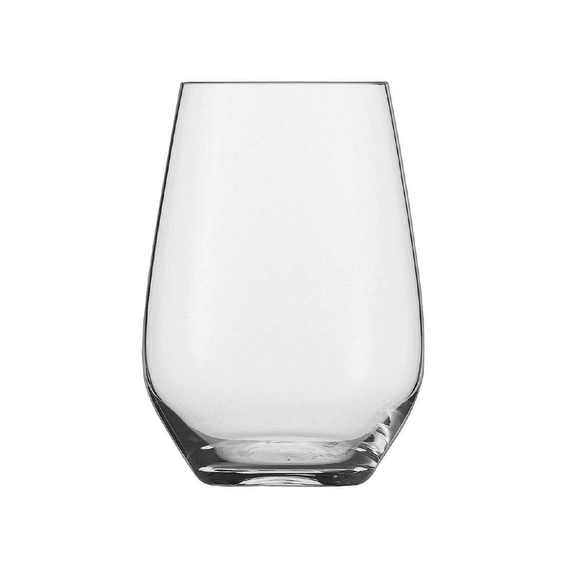 A clear wine glass without a stem on a white background