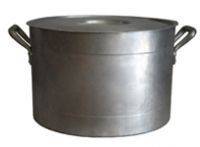 A large aluminum pot with two handles and a lid on a white background.