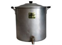 A large aluminum pot with a handle and a tap on a white background.