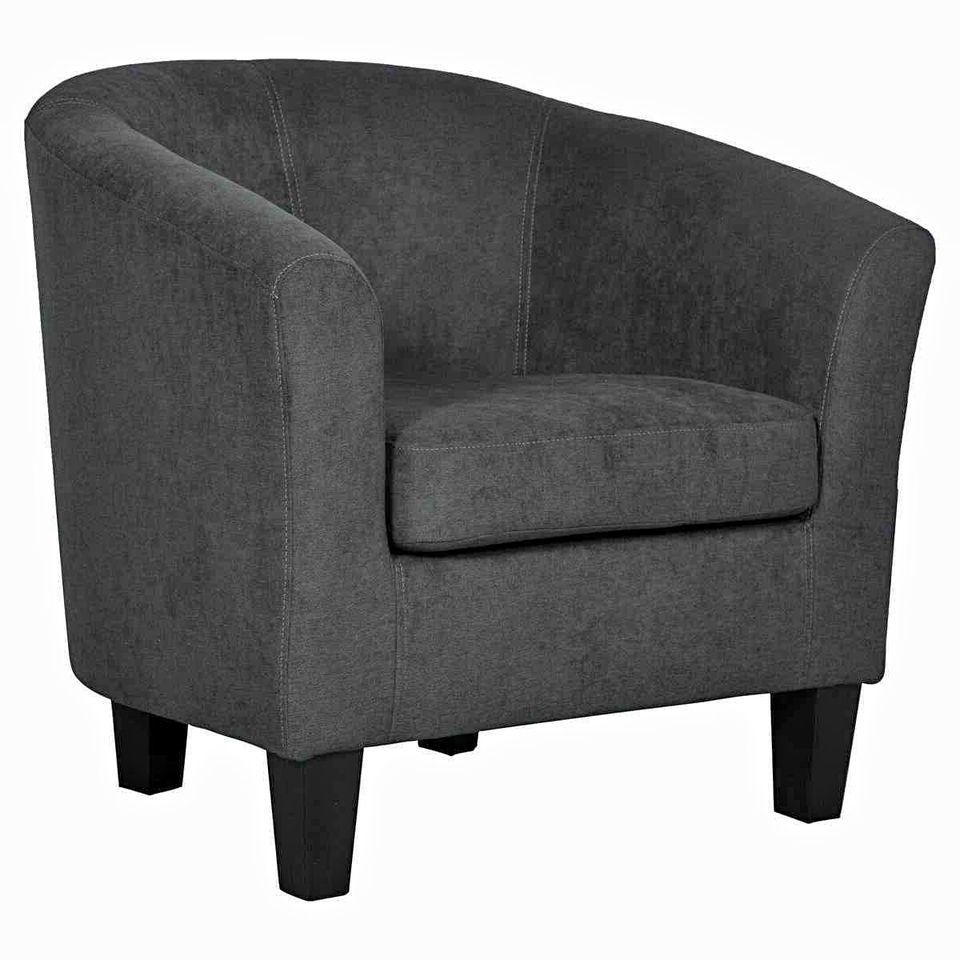 A grey chair with black legs on a white background