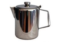 A stainless steel coffee pot with a handle and lid on a white background.