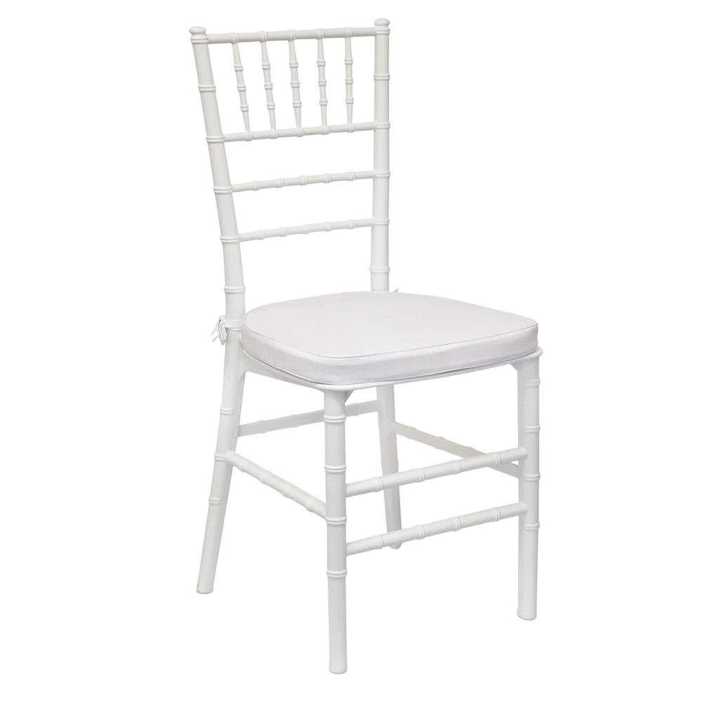A white chair with a white cushion on a white background.