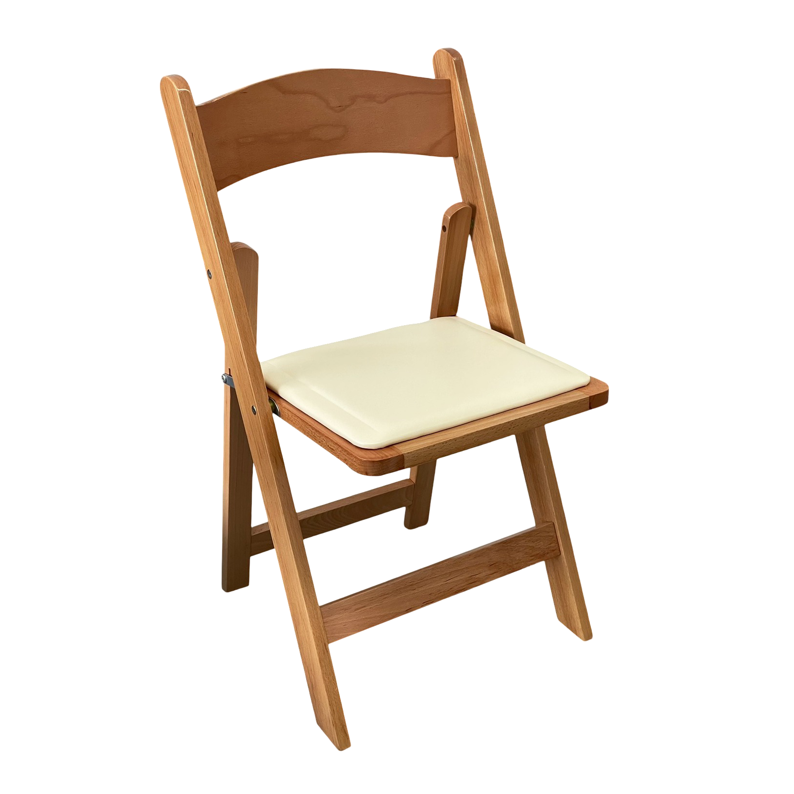 A wooden folding chair with a white cushion on a white background.