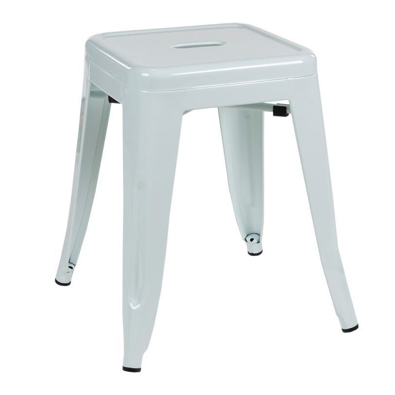 A white stool with four legs and a square top on a white background.