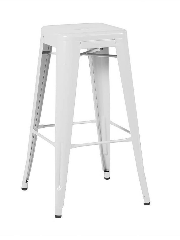 A white bar stool is sitting on a white surface.