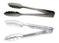 A pair of tongs made of stainless steel and plastic on a white background.
