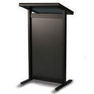 A black podium with a glass top on a white background.