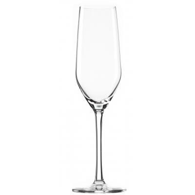 An empty champagne glass on a white background.