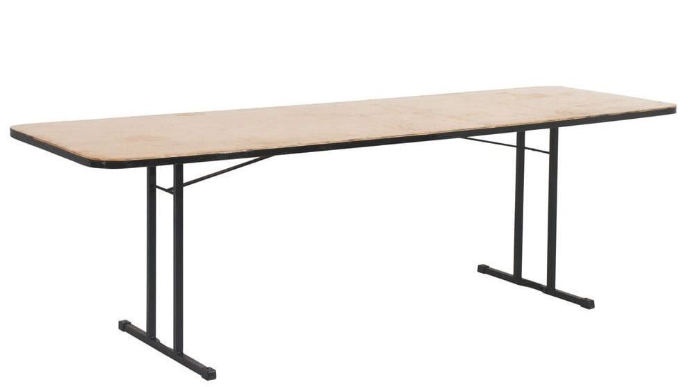 A folding table with a wooden top and black legs on a white background.