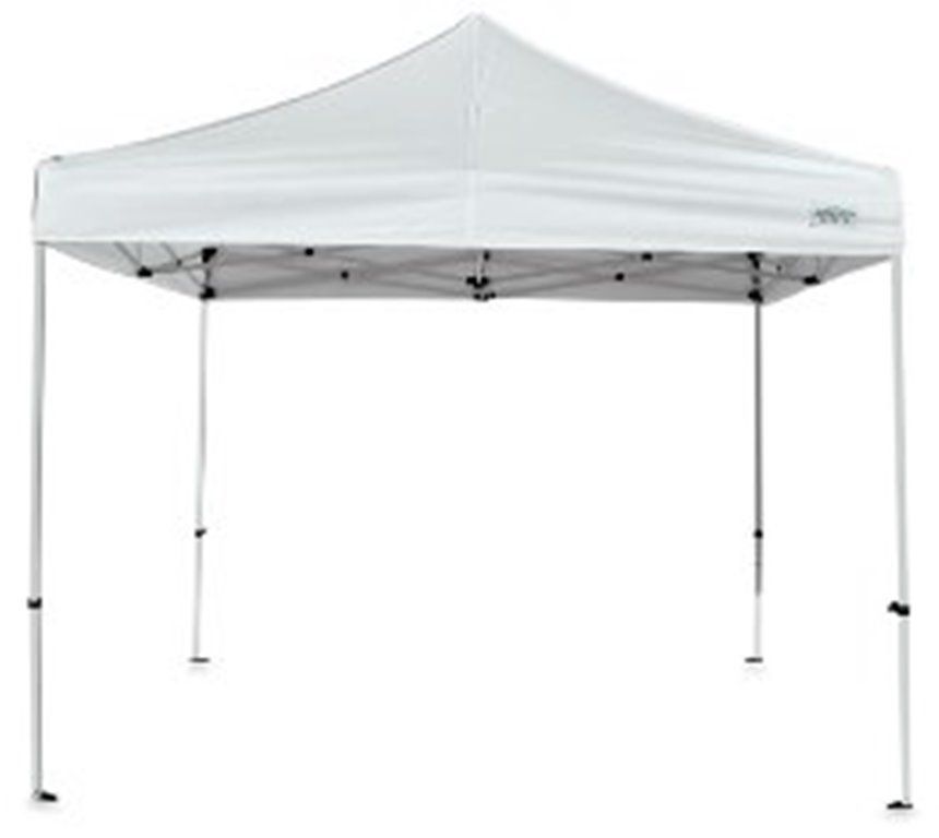 A white canopy tent is sitting on a white surface.