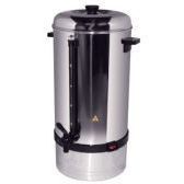 A stainless steel coffee percolator with a tap on a white background.