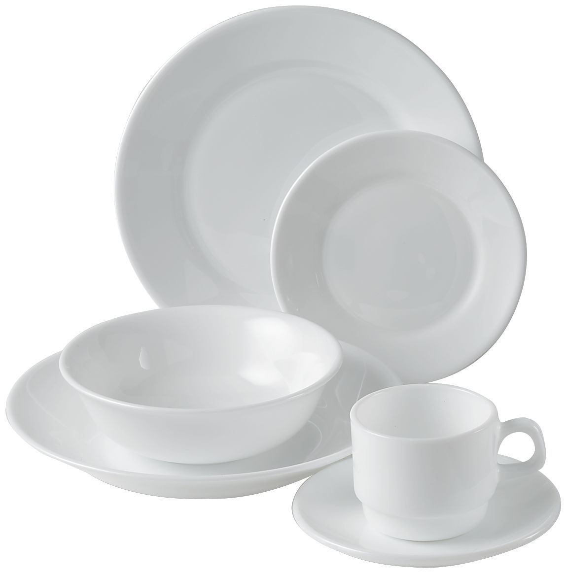 A set of white plates bowls and cups on a white background