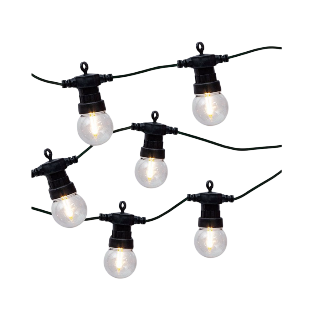 A string of lights with clear bulbs on a white background