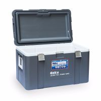 A gray and white cooler with the lid open on a white background.