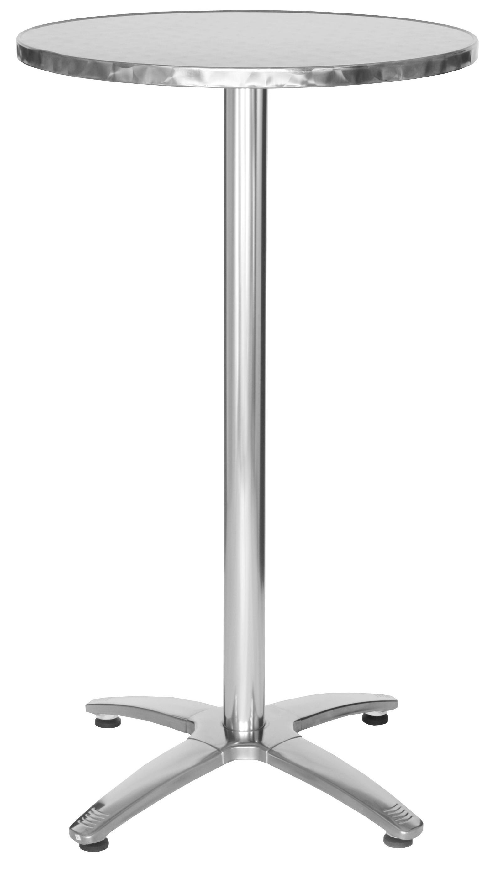 A stainless steel table with a round top and a metal base on a white background.