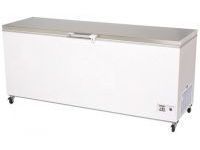A white chest freezer with a stainless steel lid and wheels.
