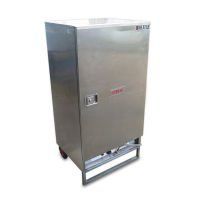 A stainless steel cabinet with wheels on a white background.