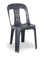 A black plastic chair is sitting on a white surface.