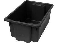 A black plastic container with a handle on a white background.