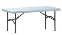 A white folding table with black legs on a white background.