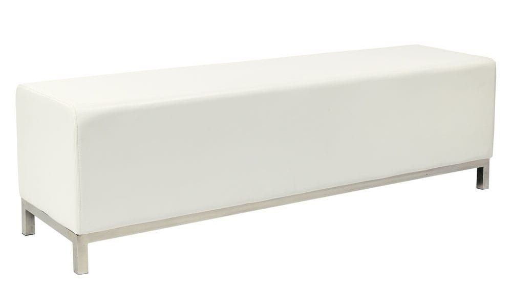 A white bench with metal legs on a white background.