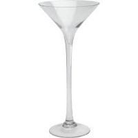 A clear martini glass with a long stem on a white background.