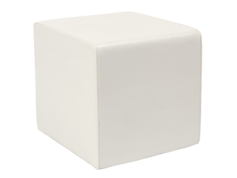 A white cube ottoman on a white background.