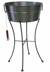 A metal bucket on a metal stand with a wooden handle.