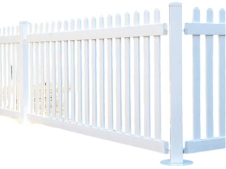 A white picket fence with a gate on a white background.