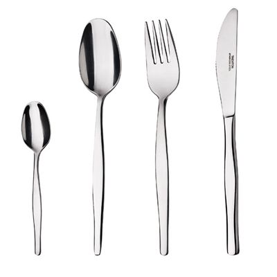 A stainless steel cutlery set with spoons , forks , and knives on a white background.