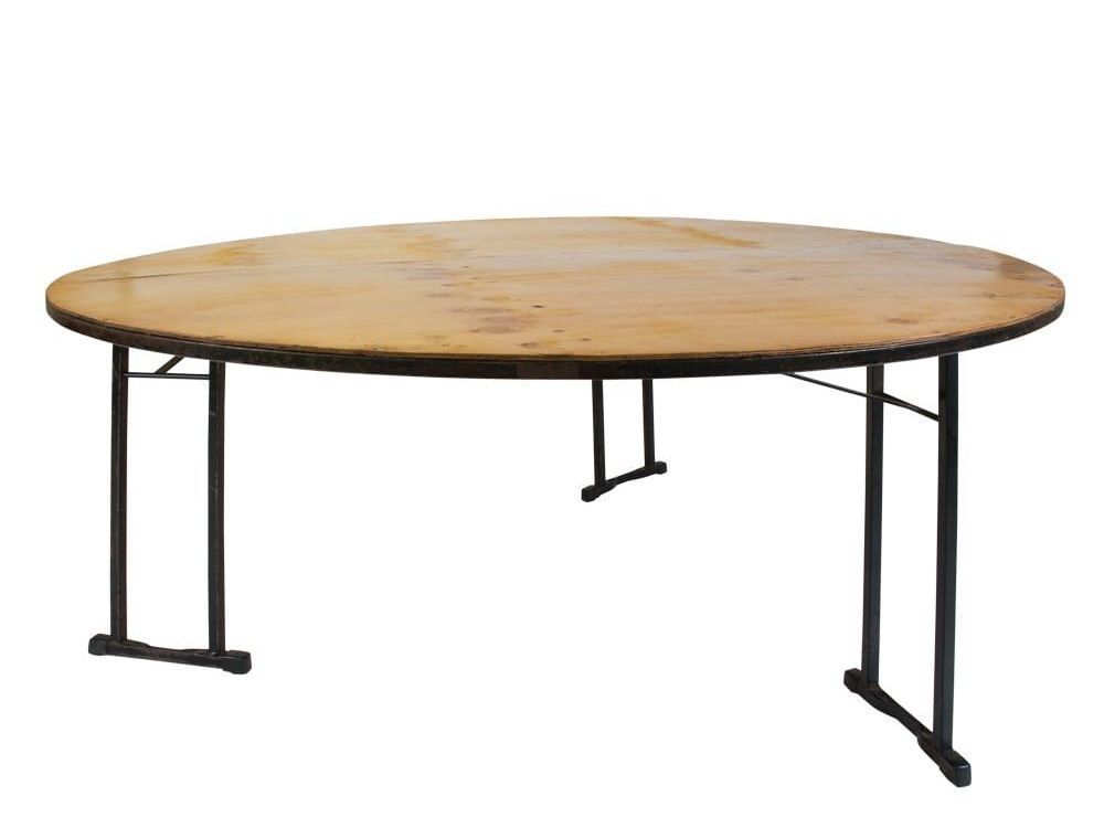 A round wooden table with black legs on a white background.