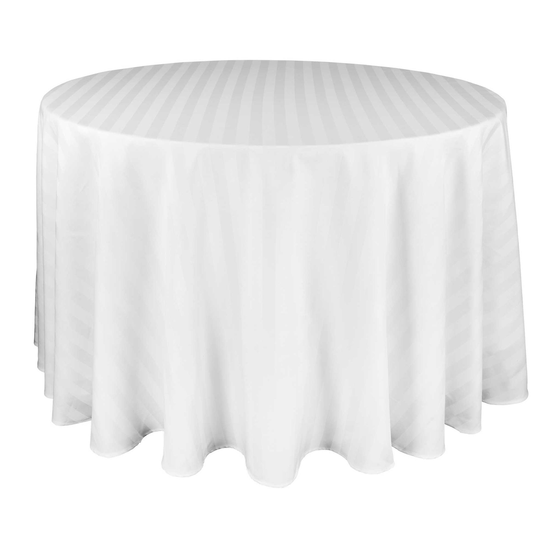 A round table with a white tablecloth on it.