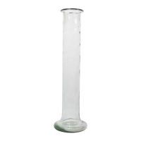 A clear glass cylinder with a green base on a white background.