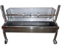 A large stainless steel grill with wheels on a white background.