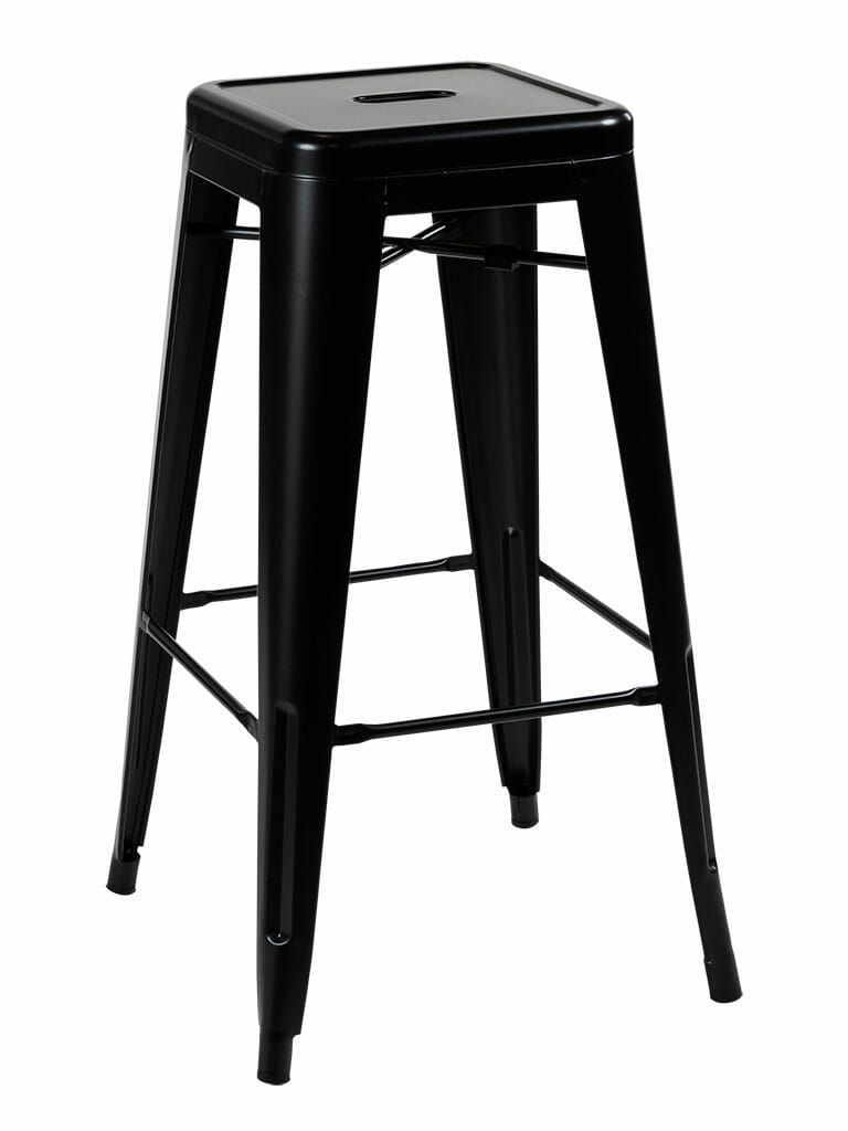 A black bar stool with a square top on a white background.