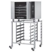 A convection oven is sitting on top of a stainless steel rack.