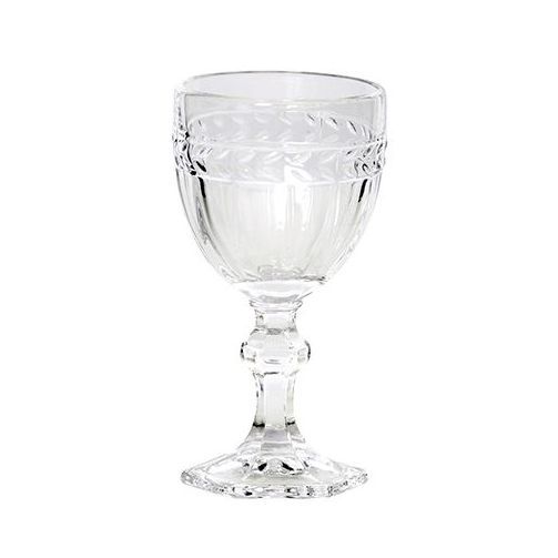 A clear wine glass with a pattern on it is on a white background.