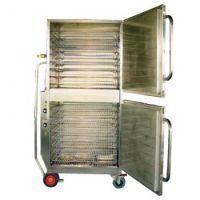 A stainless steel cart with the door open and wheels.