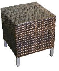 A small wicker ottoman with metal legs on a white background.