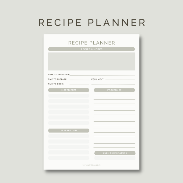 Recipe Planner (Free PDF Download) by Sue Cartwright, Spiral Leaf