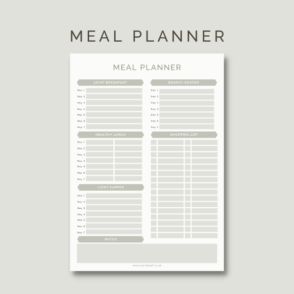 Meal Planner (Free PDF Download) by Sue Cartwright, Spiral Leaf