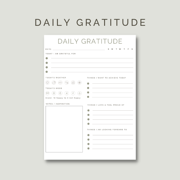 Daily Gratitude Template (Free PDF Download)  by Sue Cartwright, Spiral Leaf