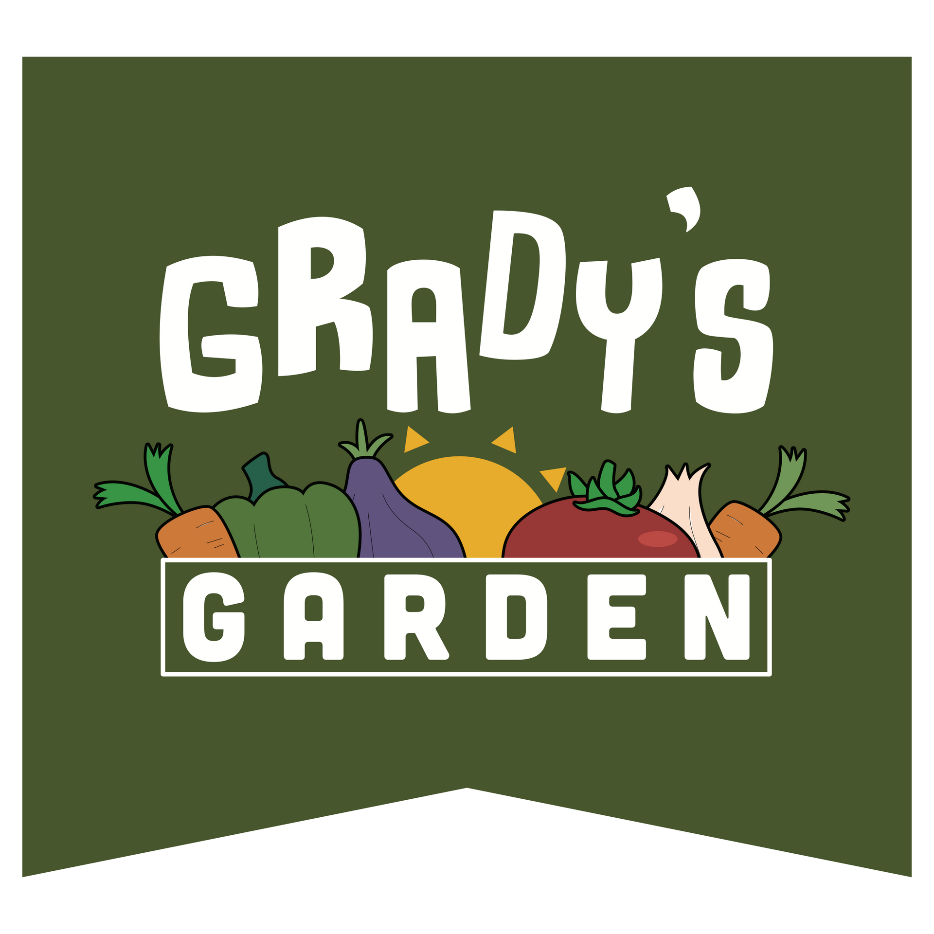 A logo for grady 's garden with vegetables on a green background.