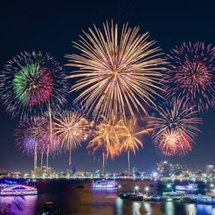A bunch of fireworks are displayed over a body of water