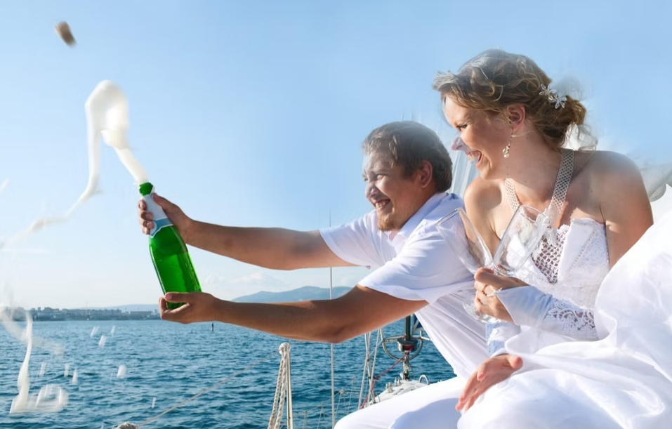 A bride and groom are sitting on a boat toasting with champagne