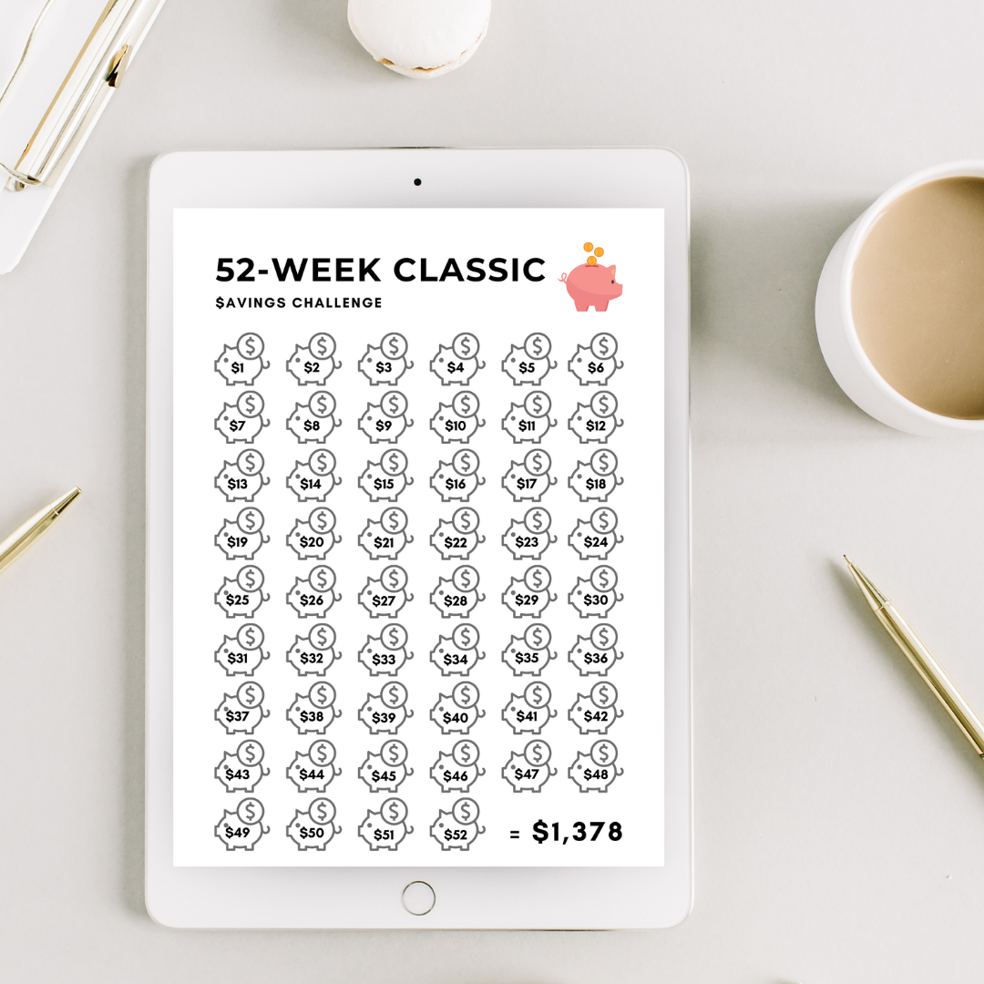 Classic 52-week savings challenge to save $1,378 in one year! Complete this easy to follow money challenge. 
